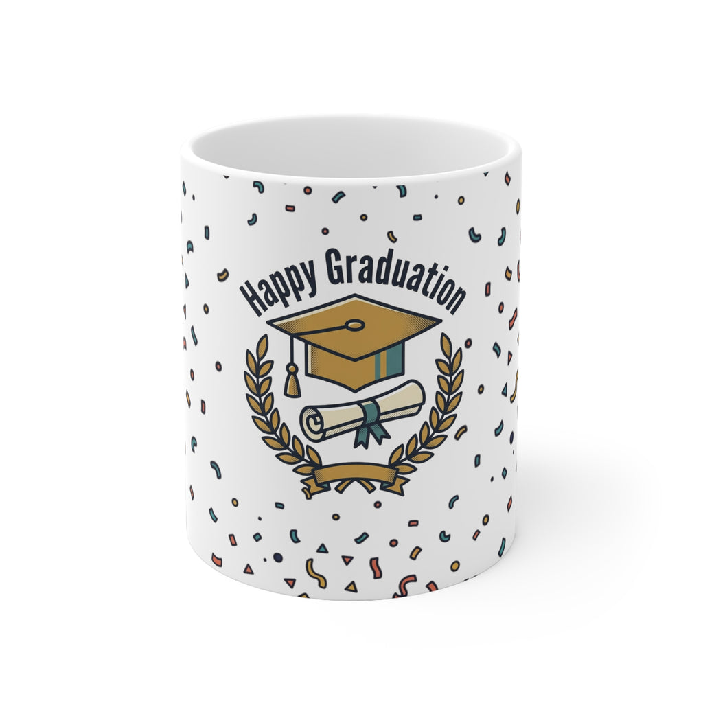 Happy Graduation Ceramic Mug — Celebration Cap & Diploma Design
