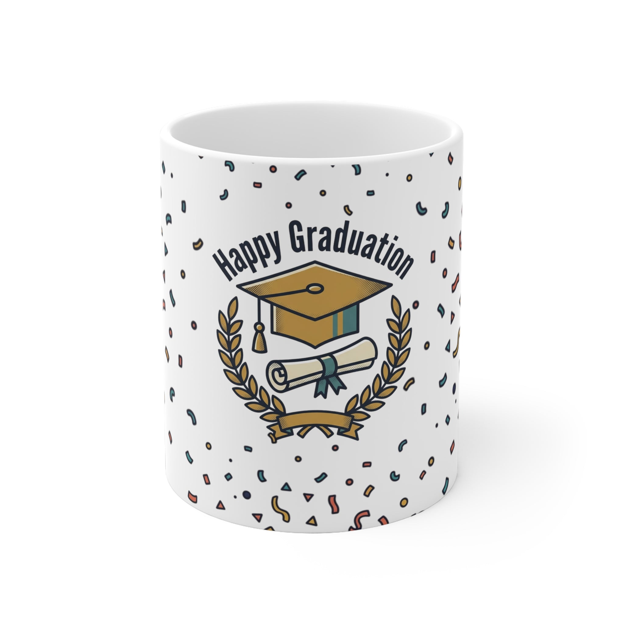Happy Graduation Ceramic Mug — Celebration Cap & Diploma Design