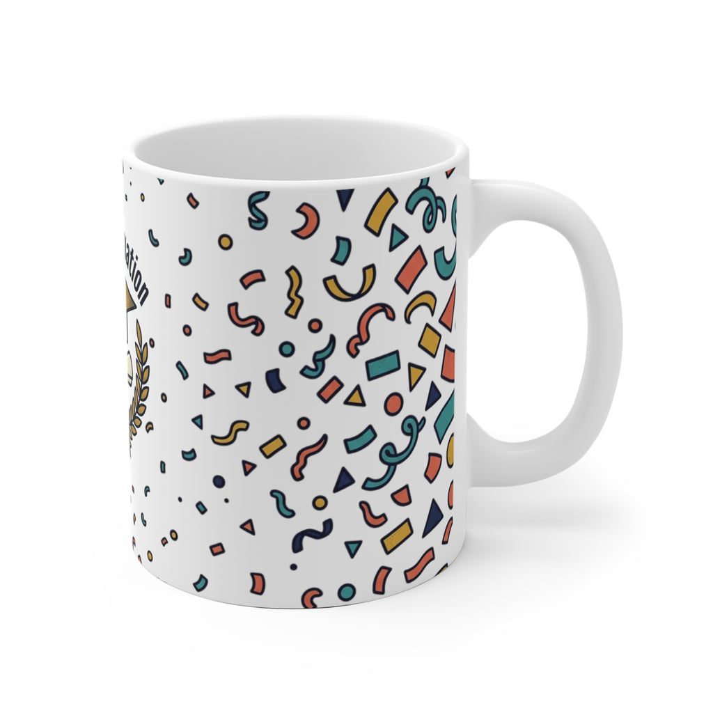 Happy Graduation Ceramic Mug — Celebration Cap & Diploma Design