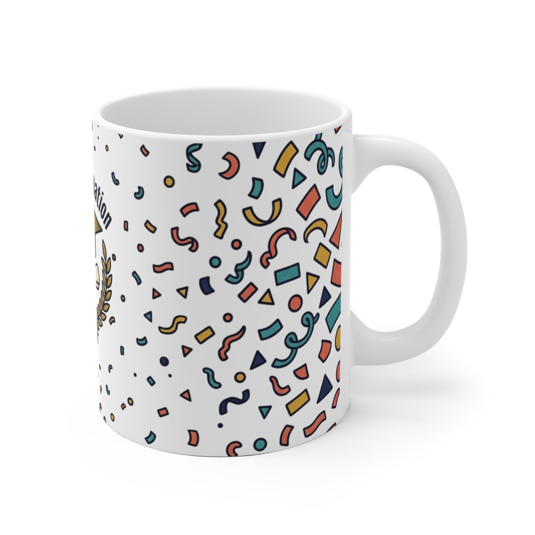 Happy Graduation Ceramic Mug — Celebration Cap & Diploma Design