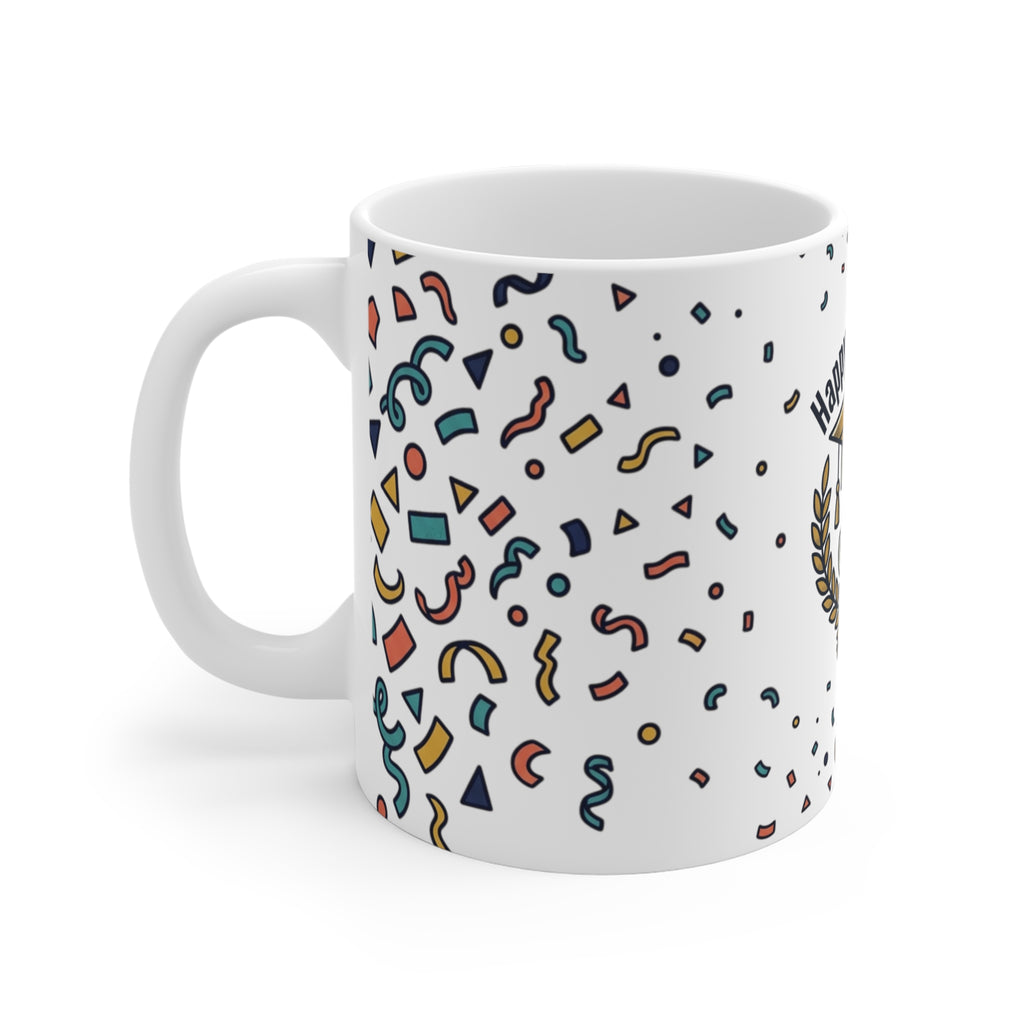Happy Graduation Ceramic Mug — Celebration Cap & Diploma Design