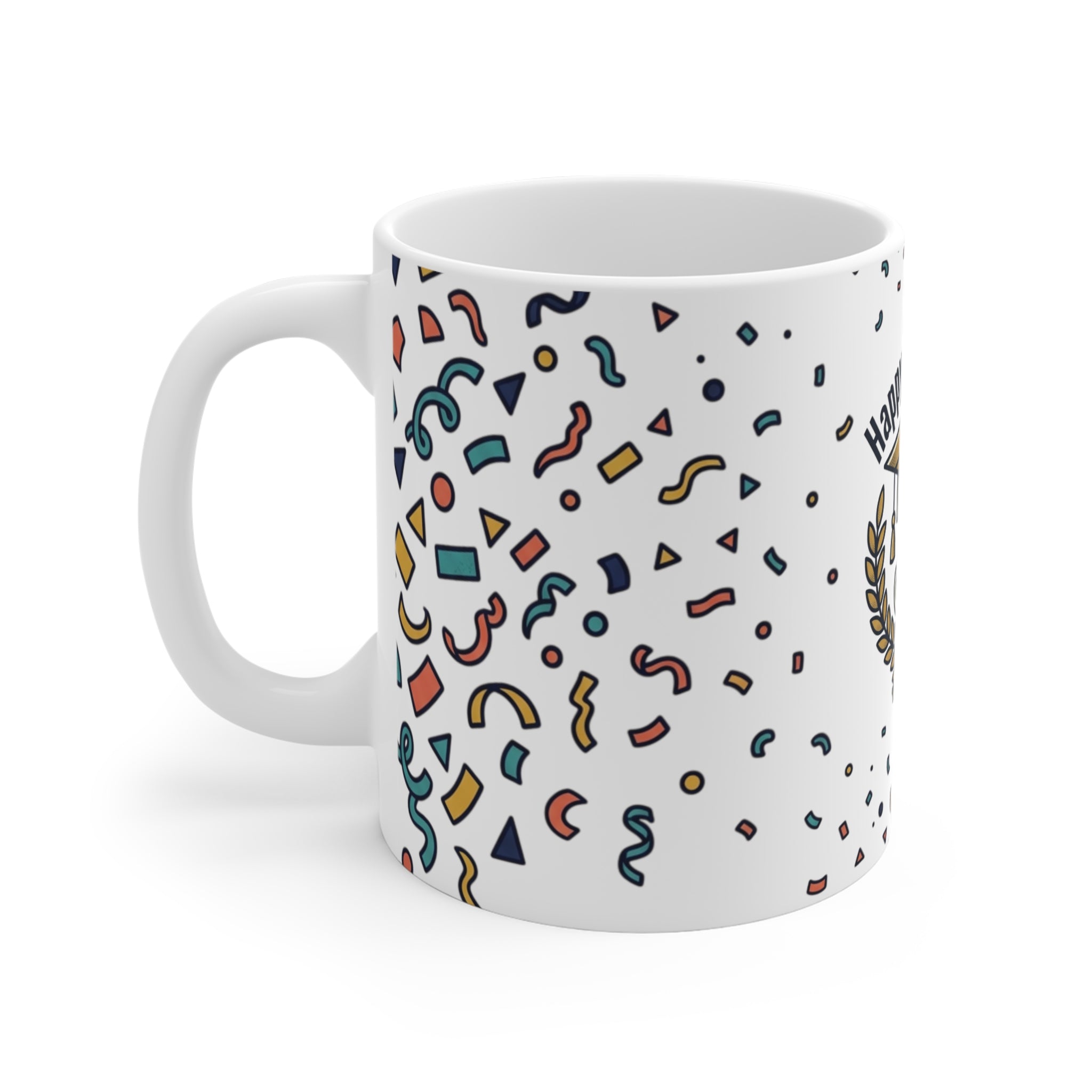 Happy Graduation Ceramic Mug — Celebration Cap & Diploma Design