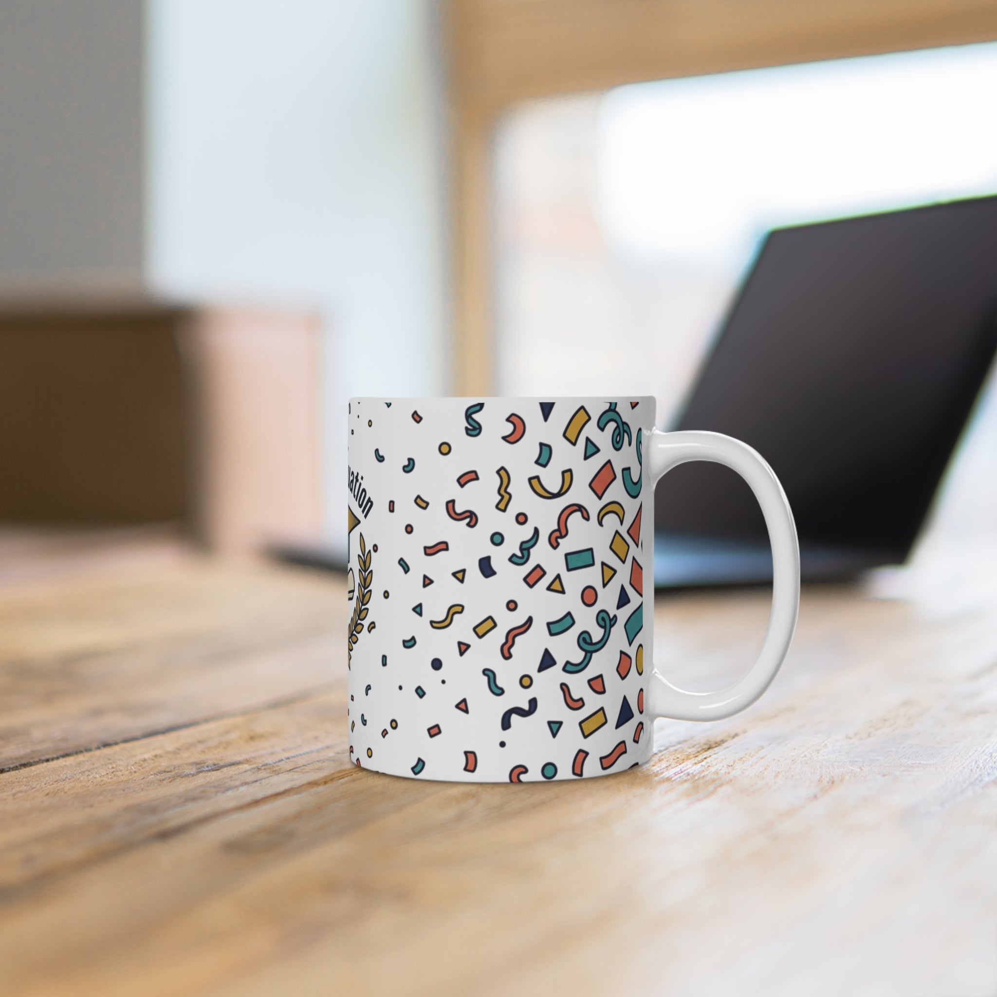 Happy Graduation Ceramic Mug — Celebration Cap & Diploma Design
